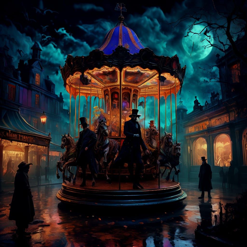 Eerie Nightmare Carousel Fantasy Painting