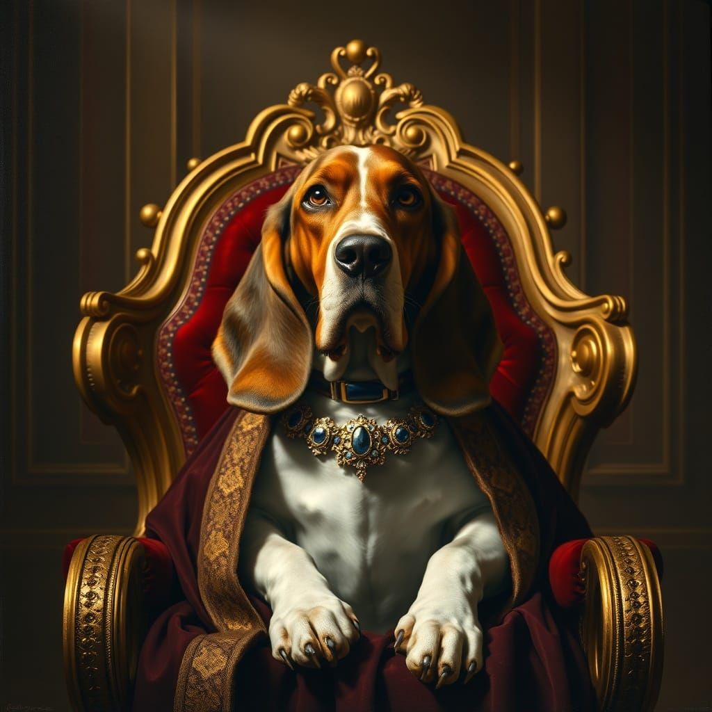 Regal Basset Hound in Royal Portrait Oil Painting