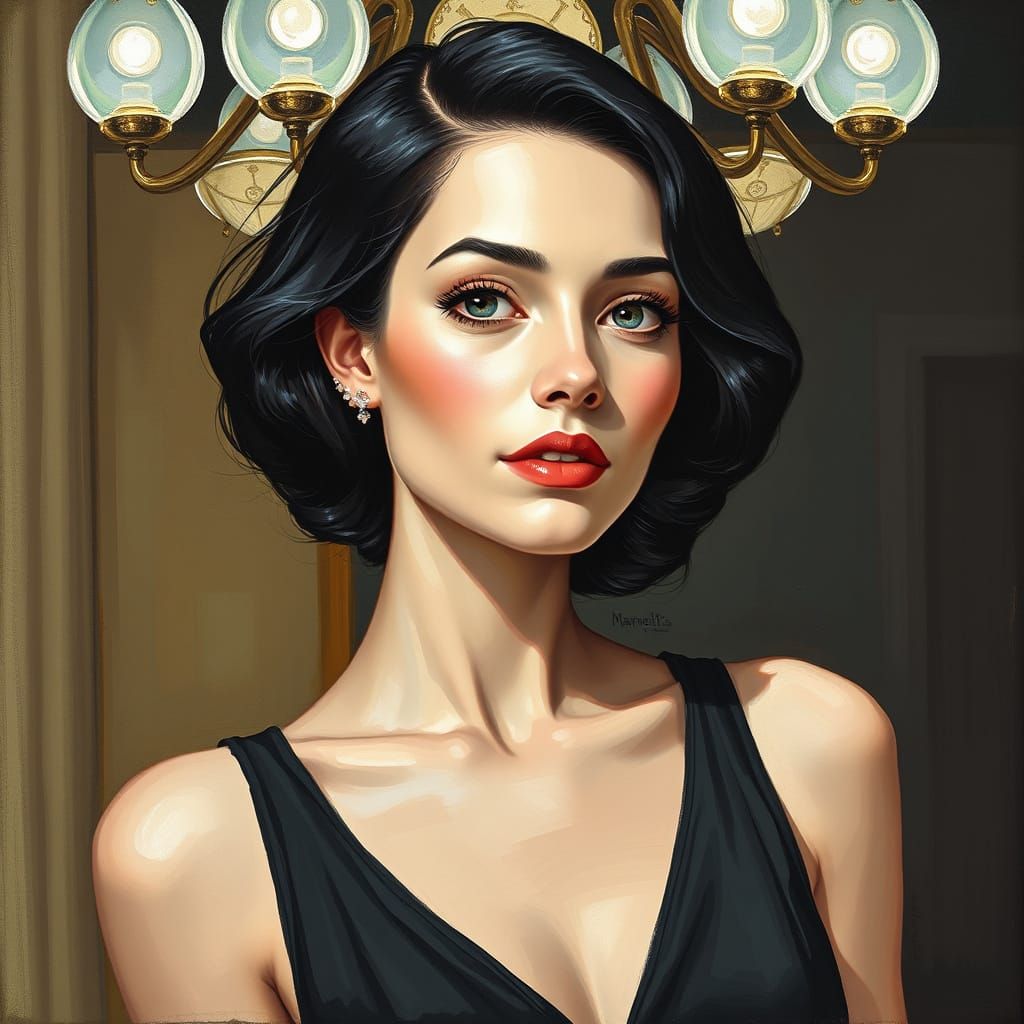 Elegant Woman Portrait in Thick Gouache Impasto Style