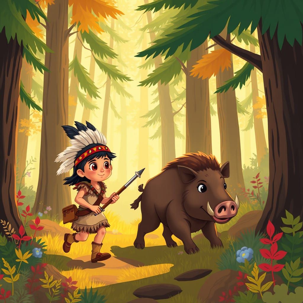 Cute Cartoon Hunter Chases Wild Boar Through Lush Forest in ...