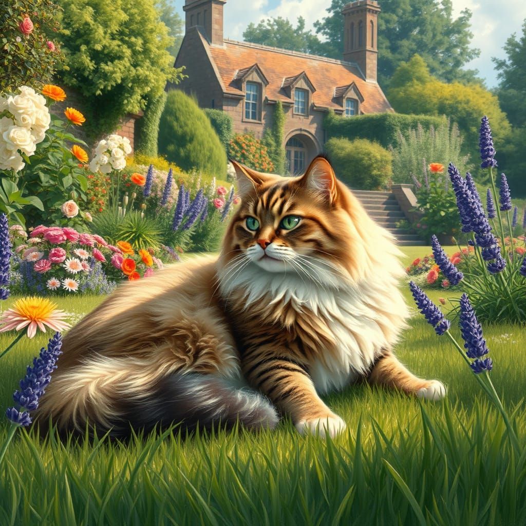 Majestic Cat in a Walled Garden Manor