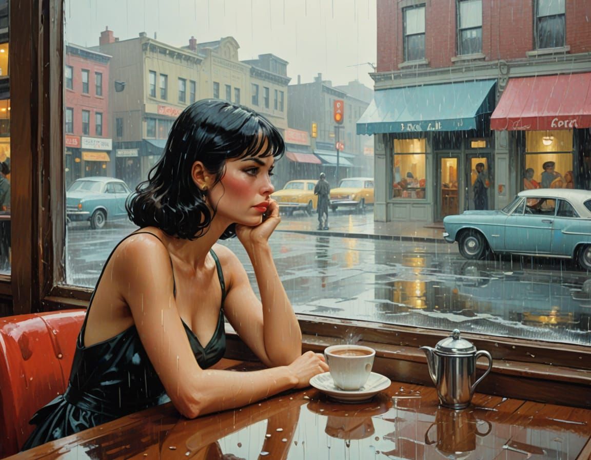 Rainy Cafe Scene in Vintage Pulp Art Style