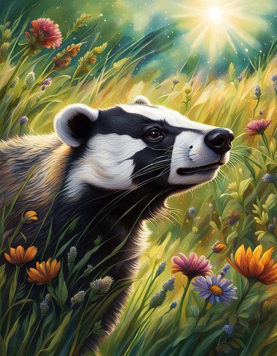 Badger in Field: Hyper-Realistic Splash Art