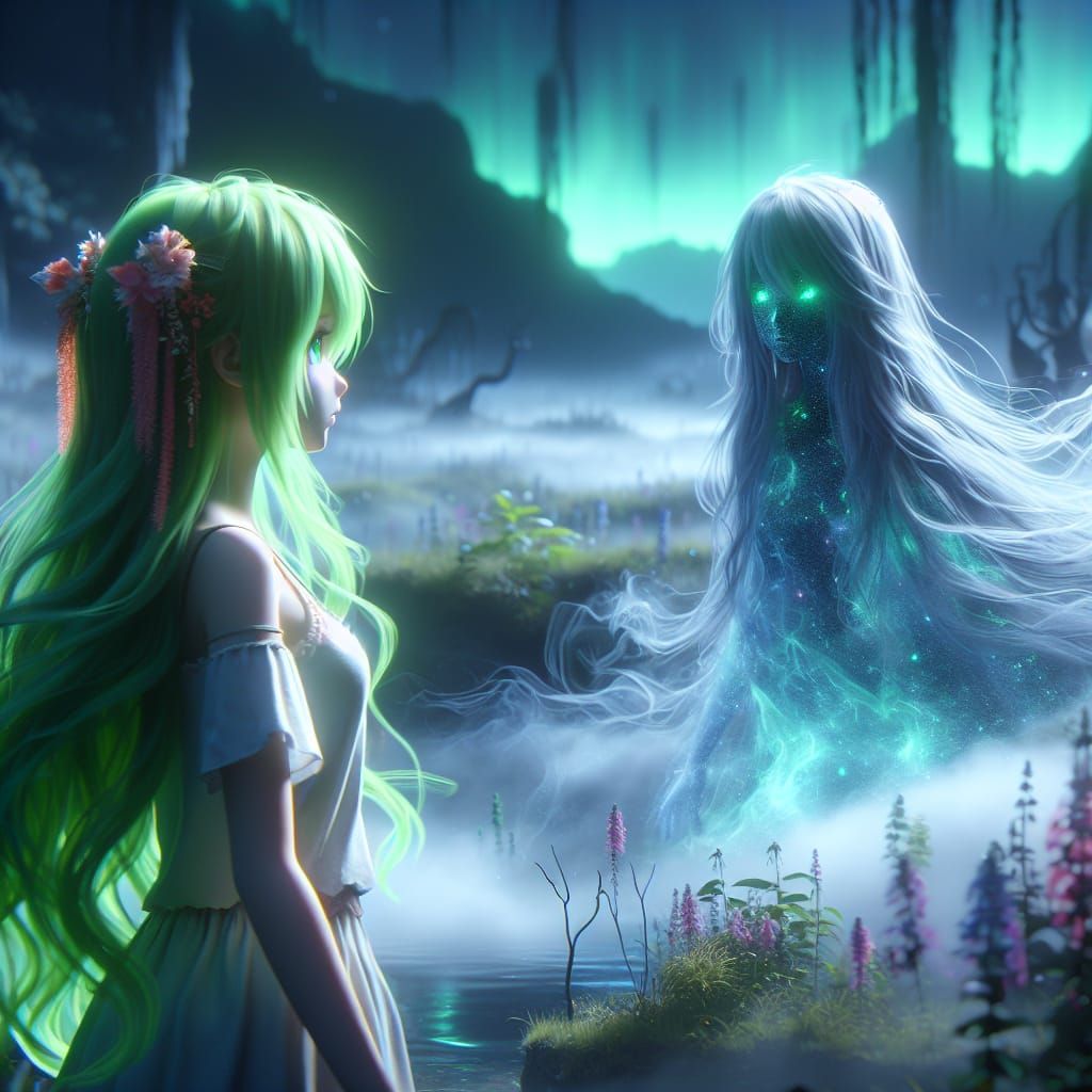 Anime Girl Encounters Ghostly Apparition in Fog