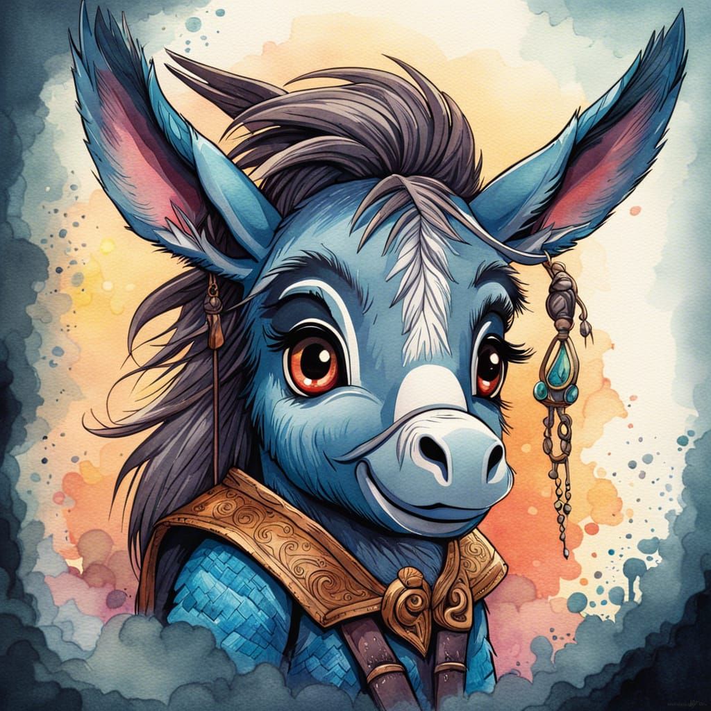 Cute Donkey Portrait in Watercolor Style