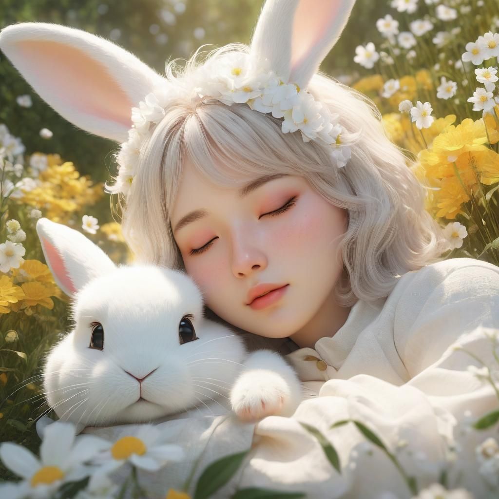 Anime Girl with White Bunny in Spring Forest
