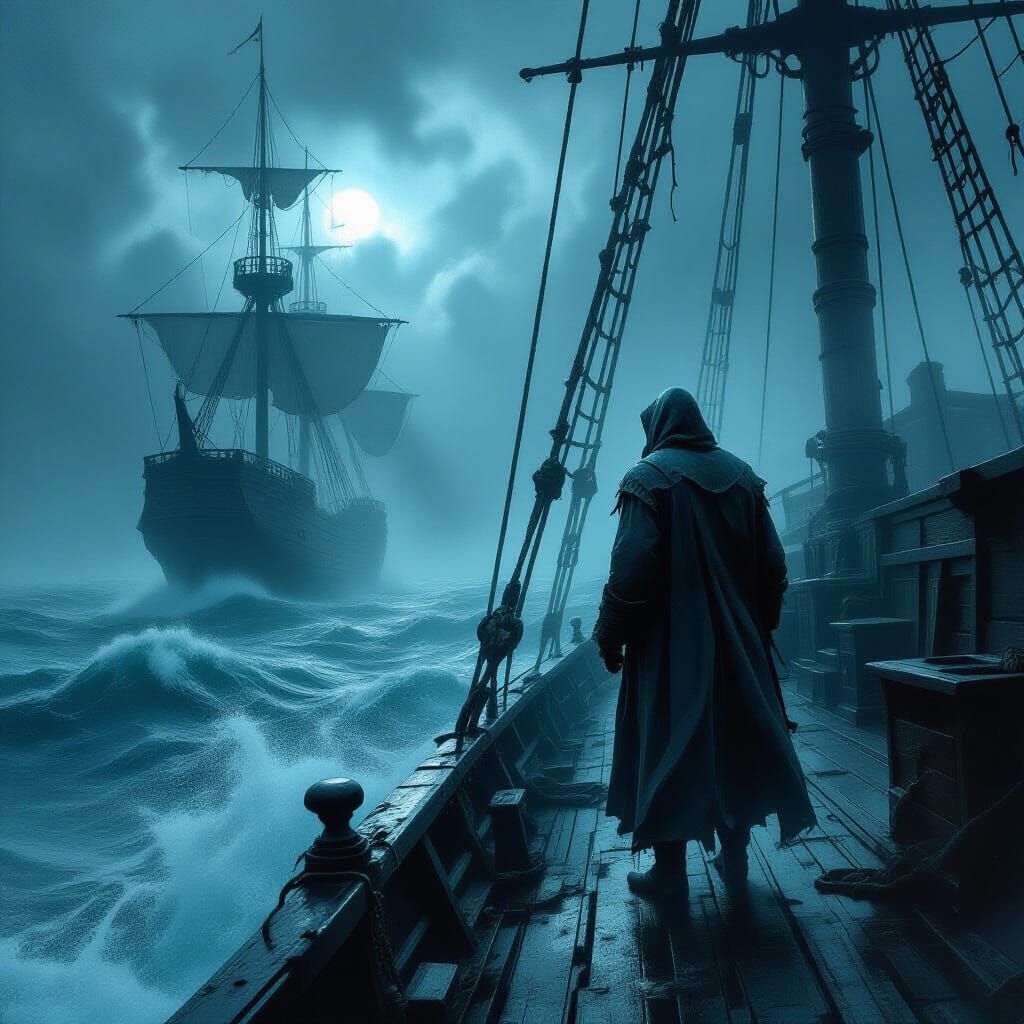 Spectral Sailor on Stormy Sea in Twilight