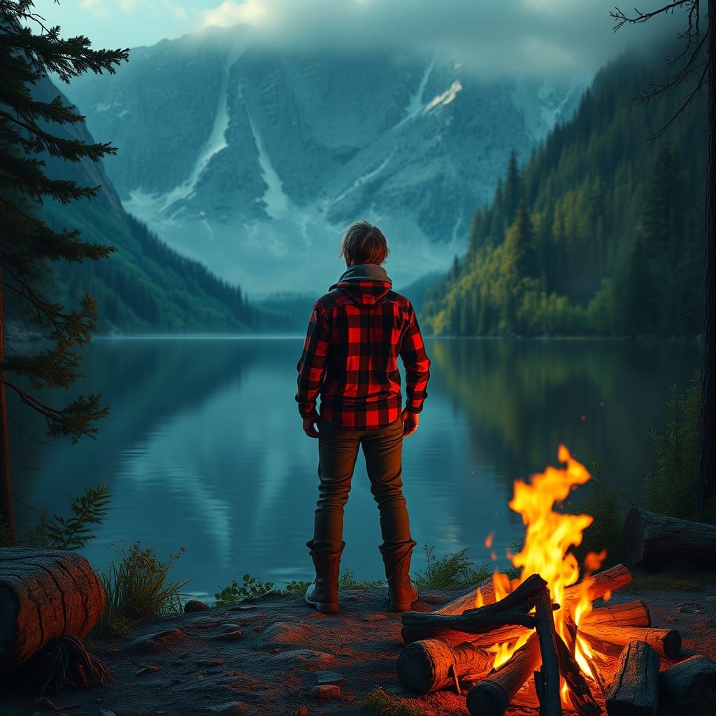 Camper by Lake: Fantasy Landscape with Ornate Details