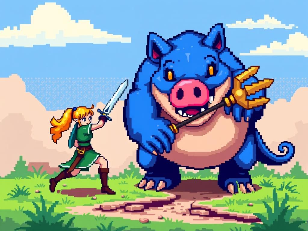 8-bit Pixel Art Swordswoman vs Pig Monster