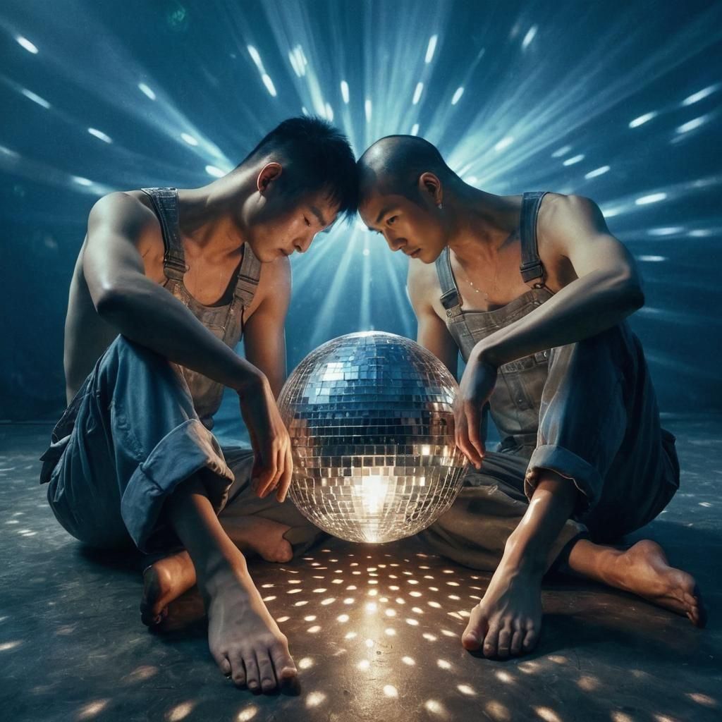 Pensive Men Resting on Disco Ball