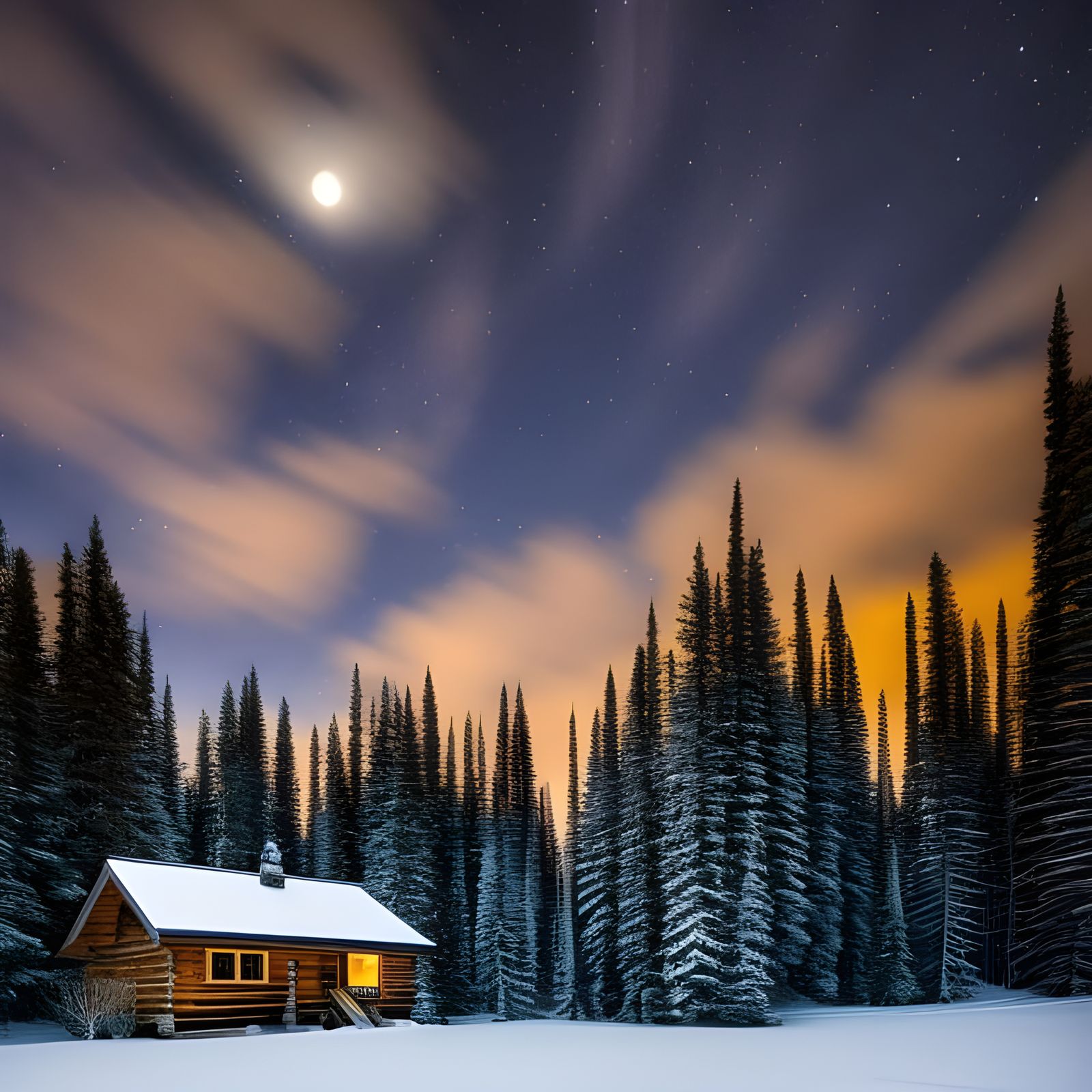 Winter Cabin Under a Starry Night Sky