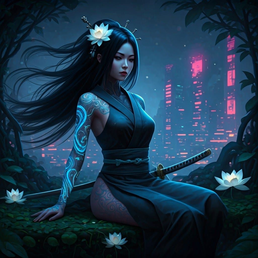 Ethereal Ronin in Levitating Garden, Cinematic Aesthetic
