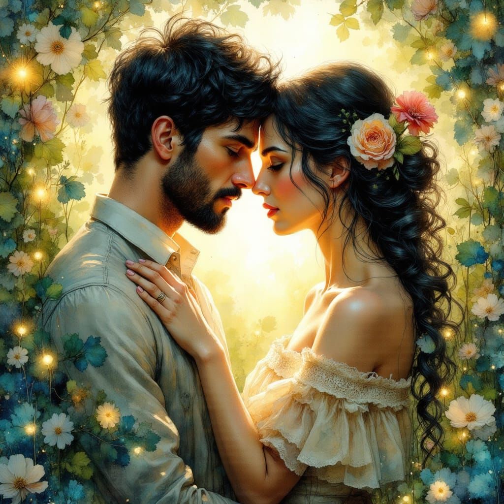 Romantic Couple Embracing in Luminous Foliage
