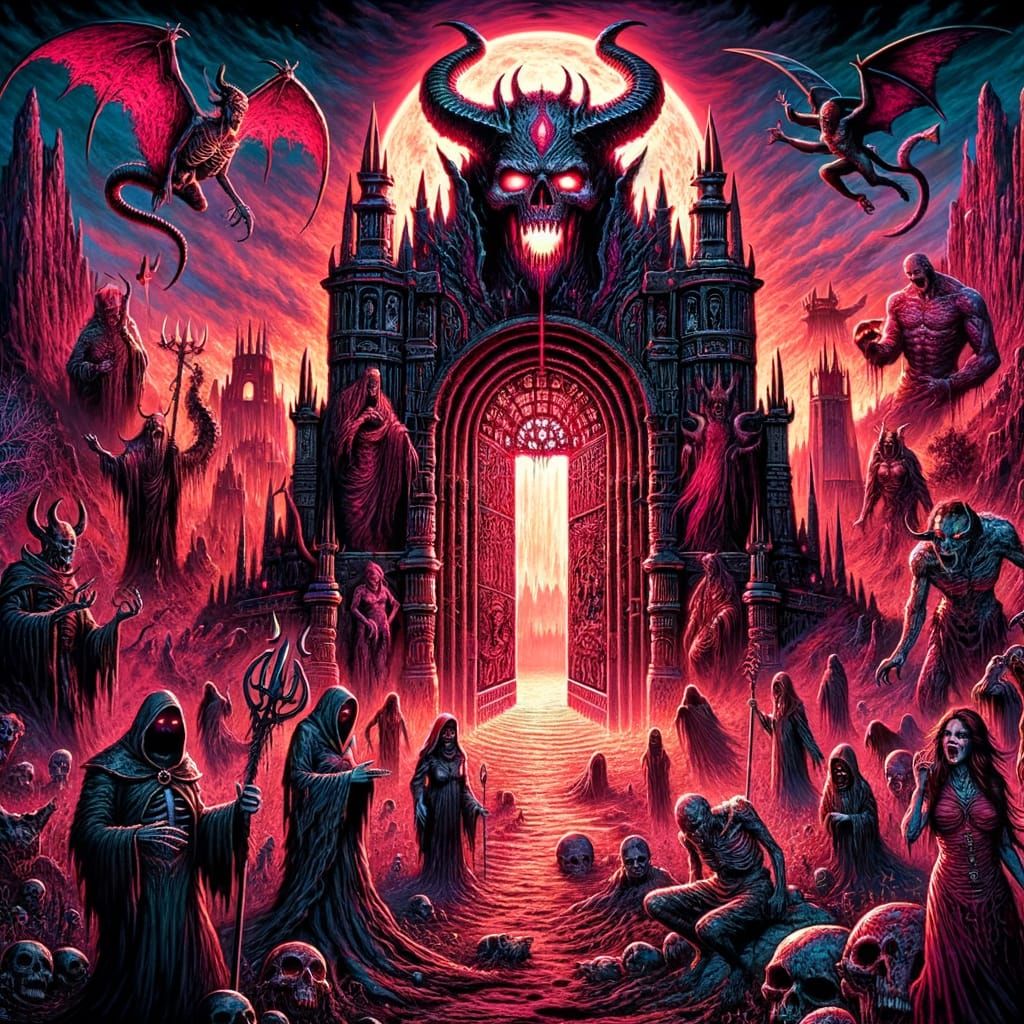 Eerie Crimson Gate to Macabre Dark Fantasy Realm