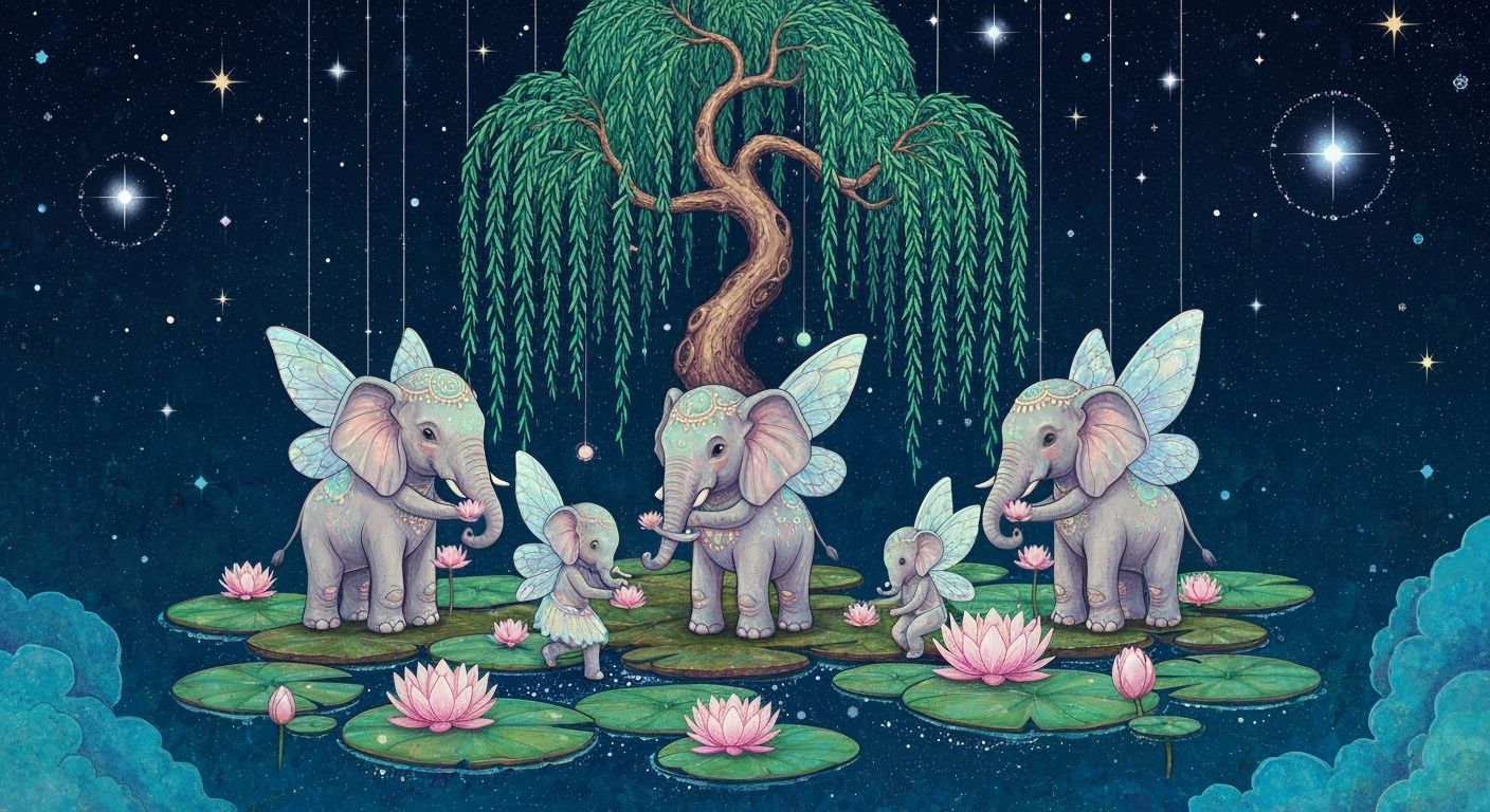 Elephant Fairies Under Floating Willow Tree