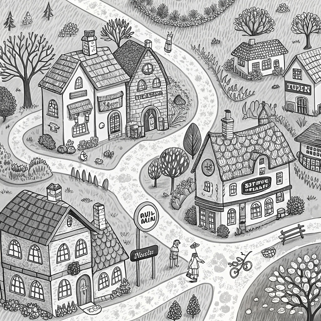 Whimsical Village Map in Monochrome Doodle Art