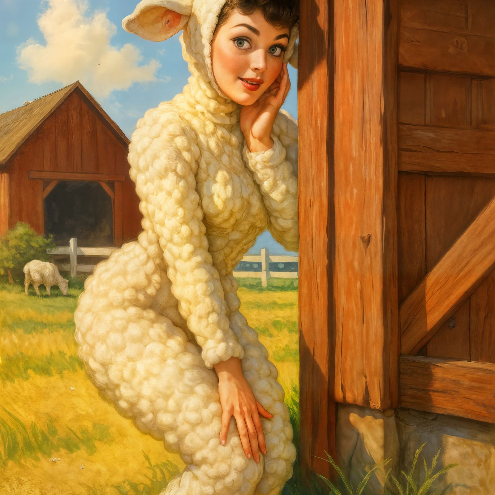 Woman in Sheep Costume Posing on Farm
