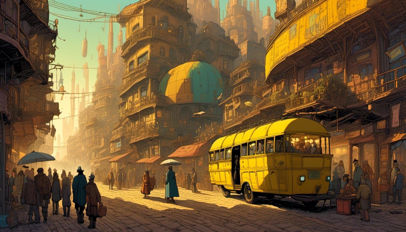 Steampunk Double-Decker Bus in Middle Eastern Alley