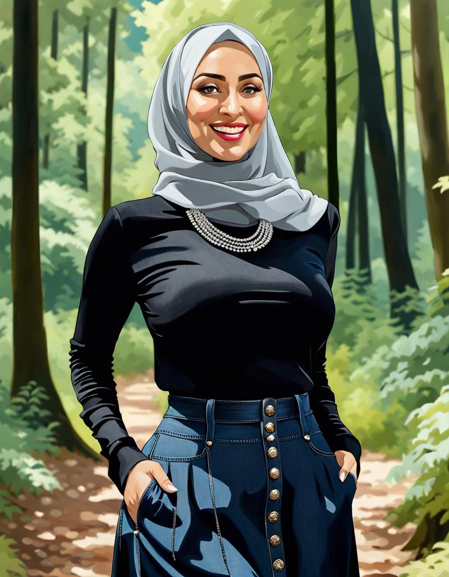 Elegant Hijabi Woman in Forest Oil Painting