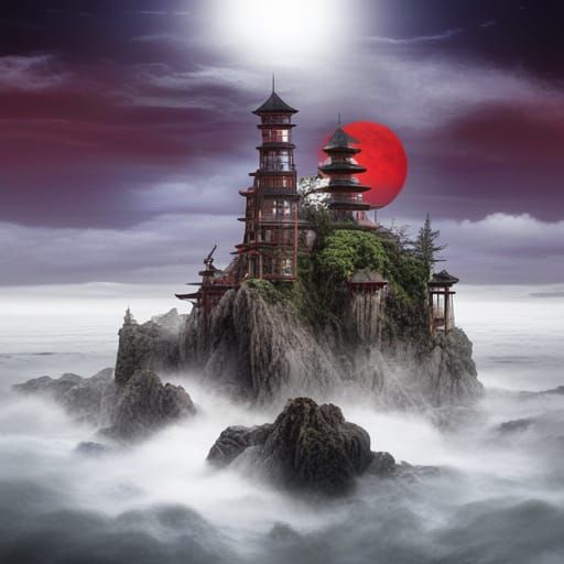 Gothic Oriental Castle on Floating Island in Grayscale