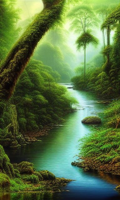 Hyperrealistic River Flowing Through Rainforest