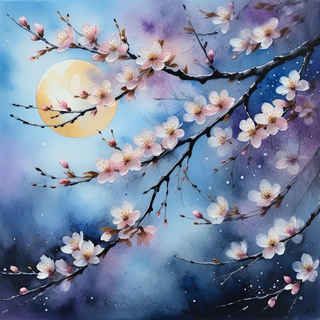 Moonlit Cherry Blossoms: Watercolor Macro Shot