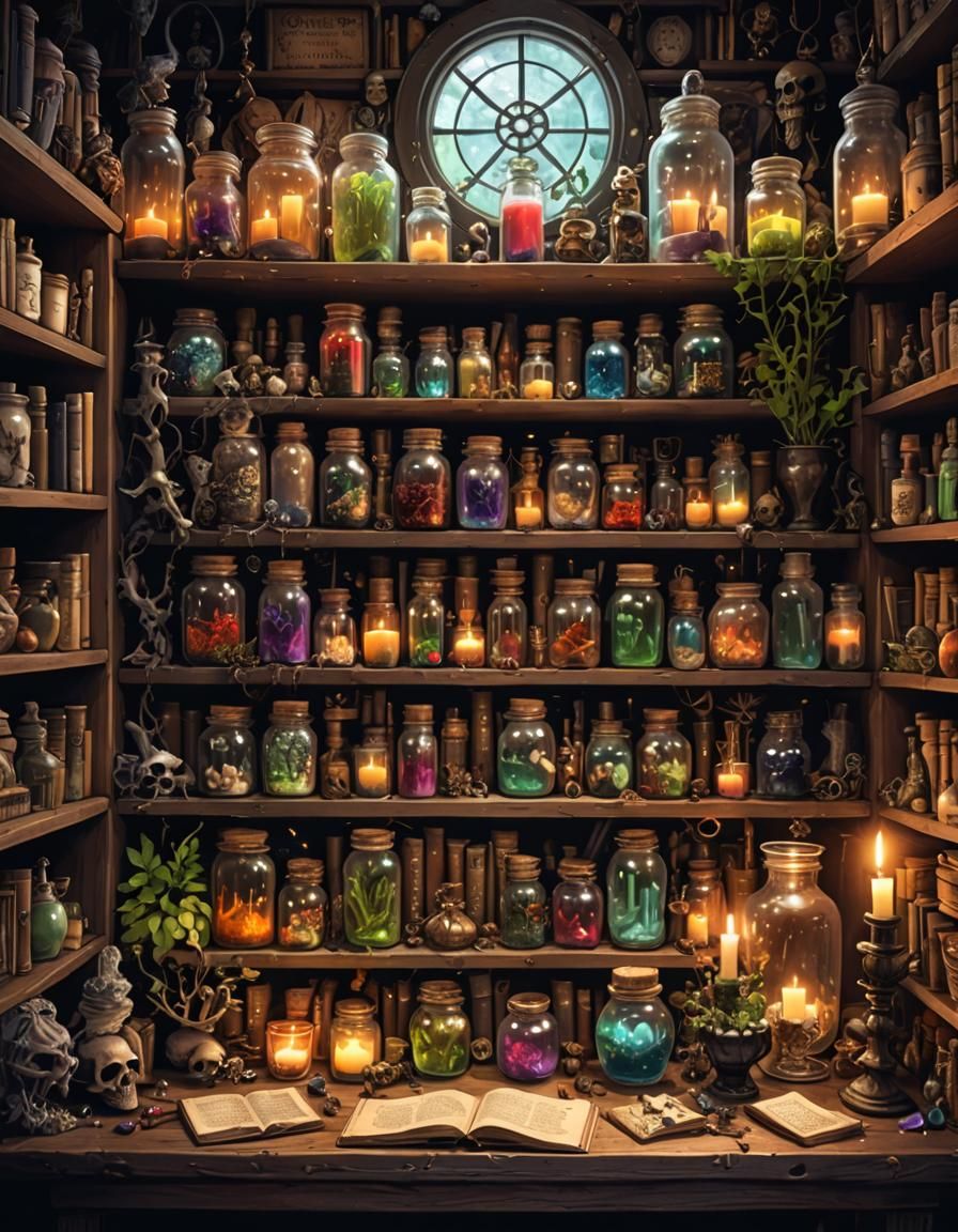 Overcrowded Witch's Apothecary with Glowing Jars