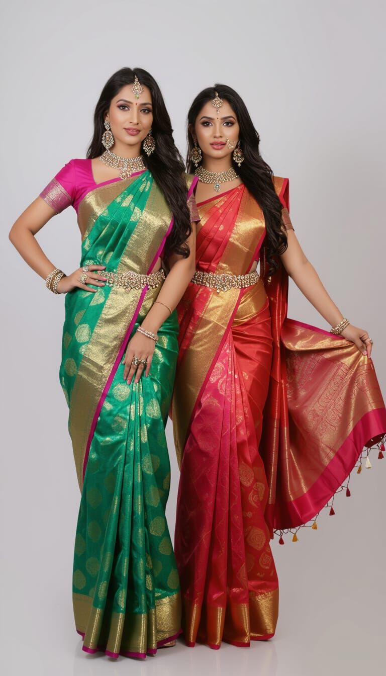 Indian Figures in Sarees with Exaggerated Features