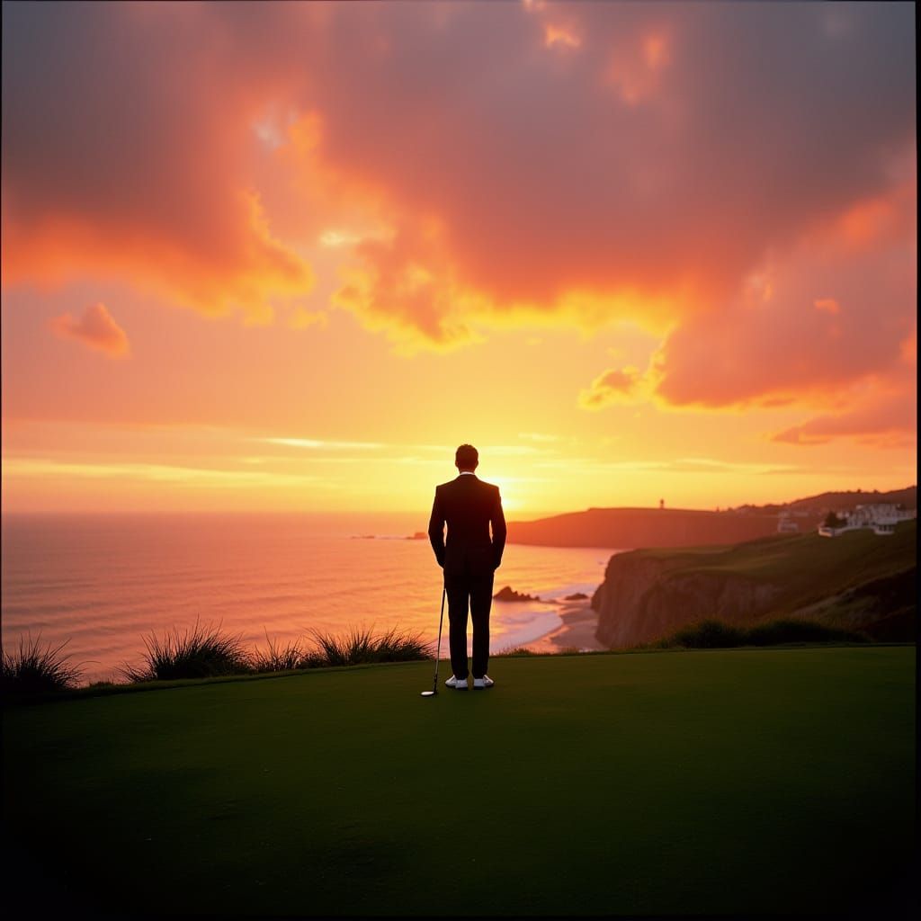 Golfer at Sunset Overlooking Coastal Fairway in Cinematic St...