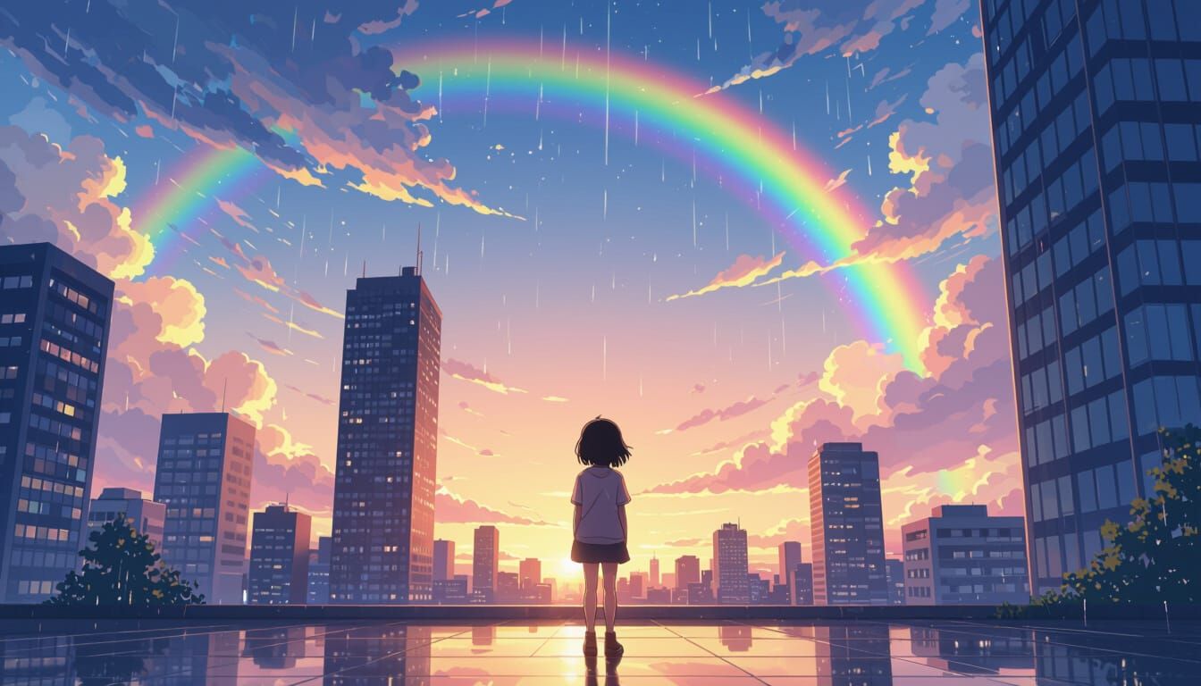 Girl Gazes at Rainbow Over Cityscape, Anime Style