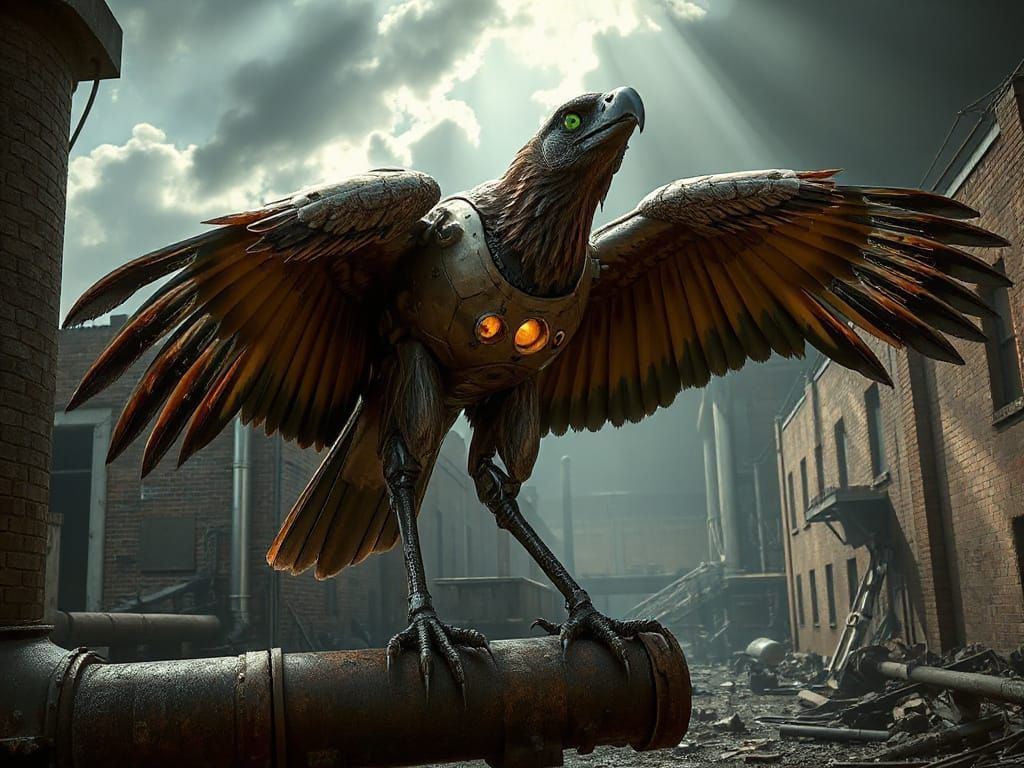 Majestic Mechanical Vulture in Post-Apocalyptic Wasteland