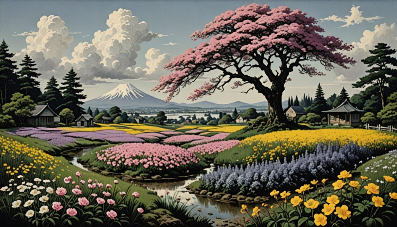 Minimalist Japanese Ink Splash with Wild Thyme and Flowers