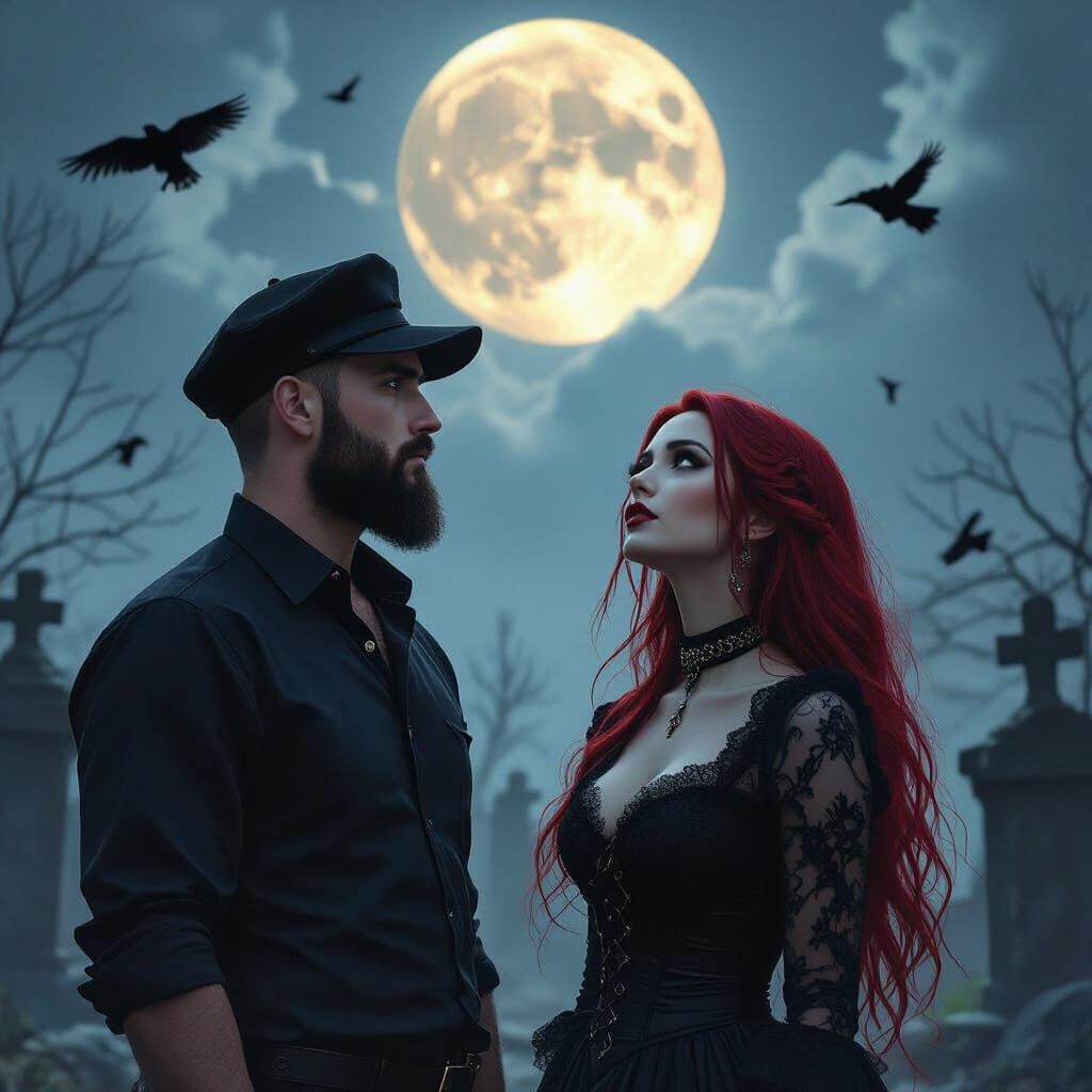 Gothic Couple Gazing at Moon in Graveyard
