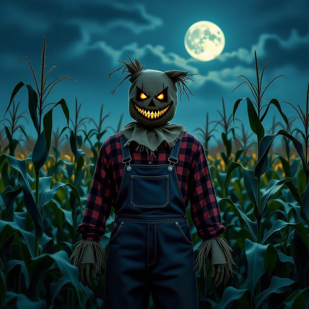 Tattered Scarecrow in Moonlit Cornfield - Dark Folk Horror