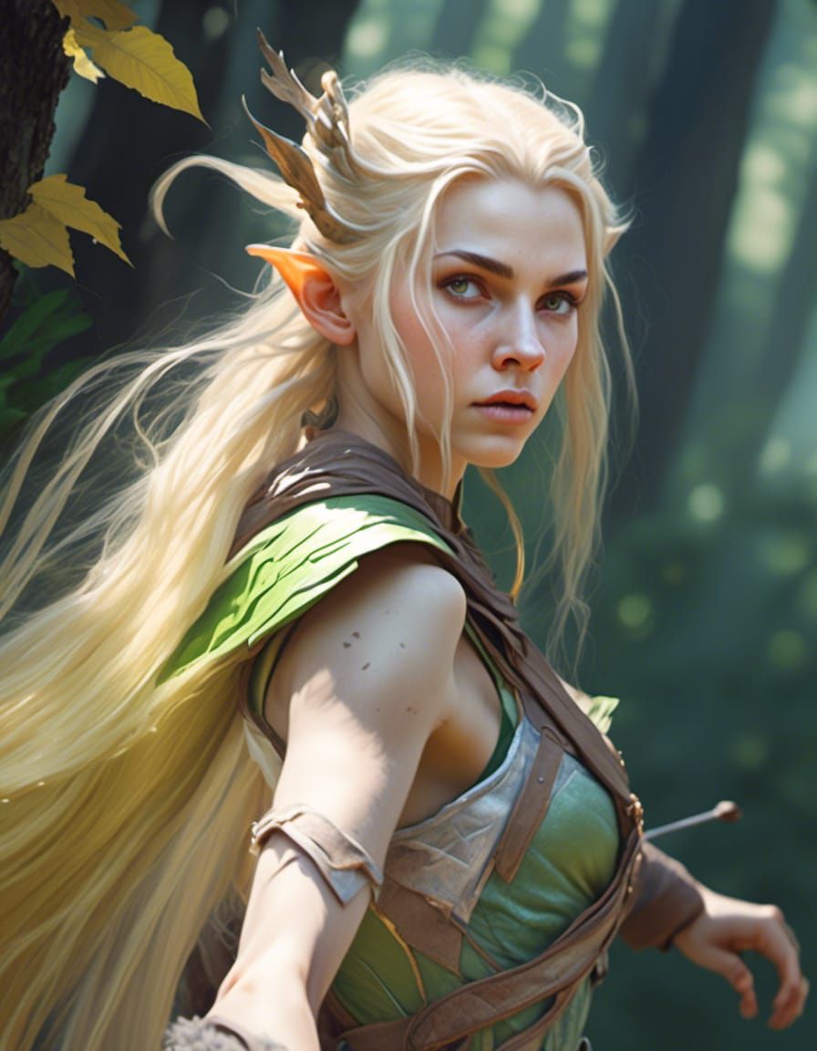 Hyperrealistic Elf Warrior Running Through Forest