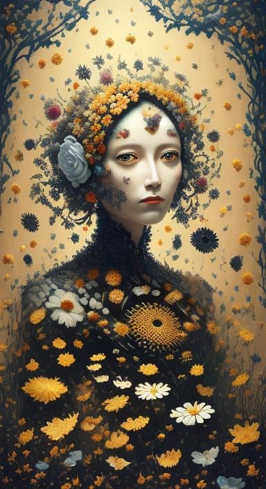 Surreal Woman of Flowers and Gears in Clockwork Garden
