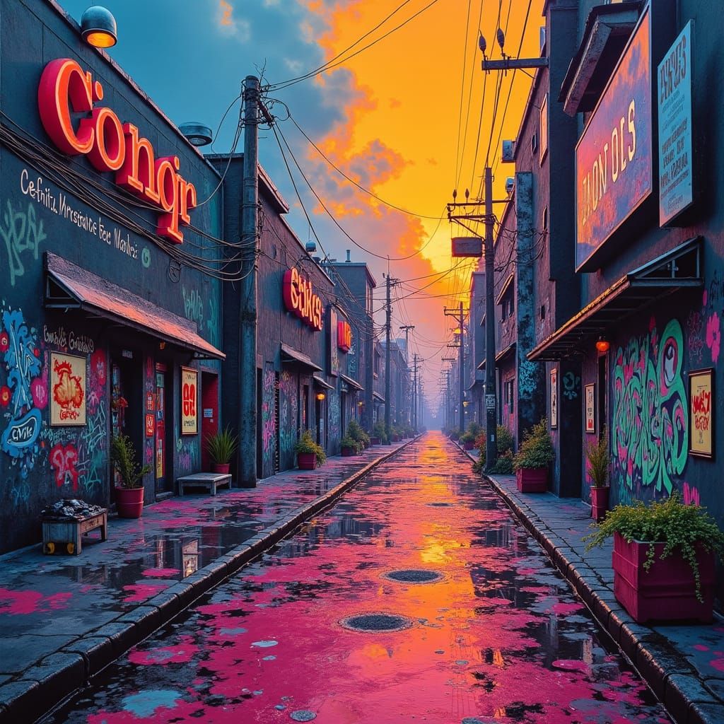 Surreal Dreamscape with Graffiti Art in Polychromatic Style