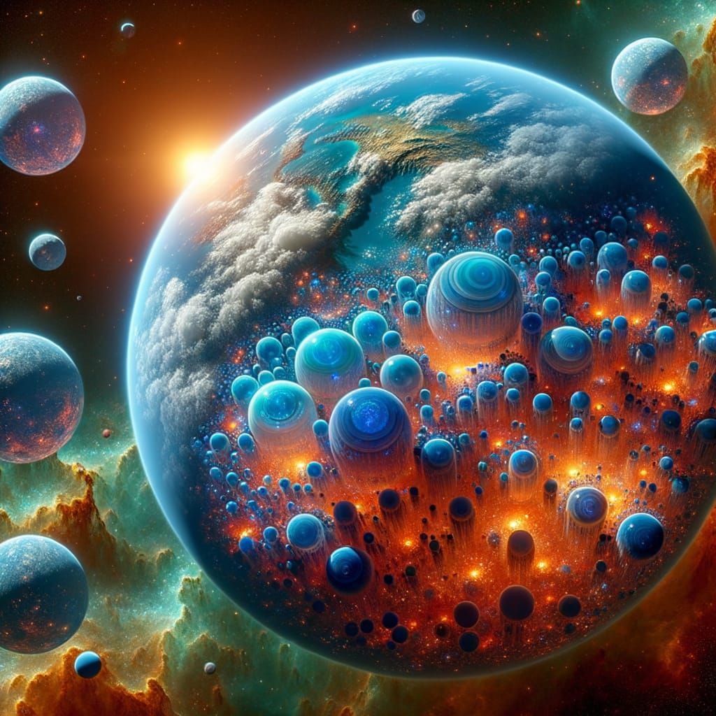 Octopus Planet with Luminous Structures in Space