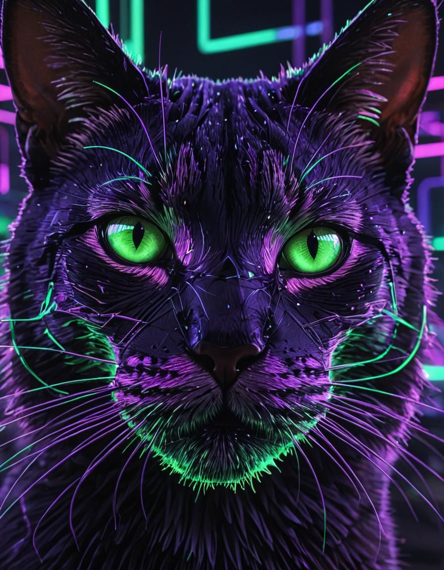 Neon Cat Face in Glitch Art Style