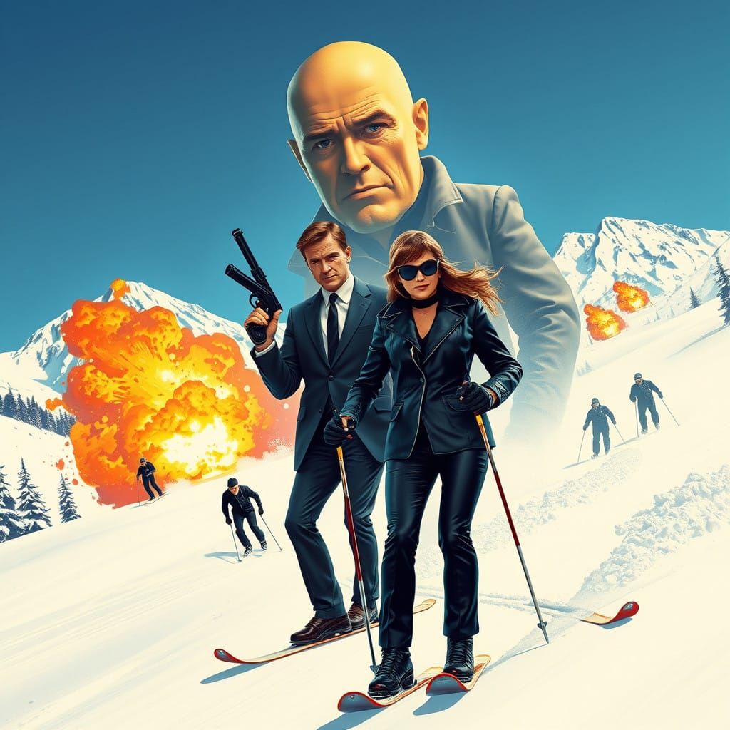 Retro Spy Movie Poster: Suave Agent, Femme Fatale, and Villa...