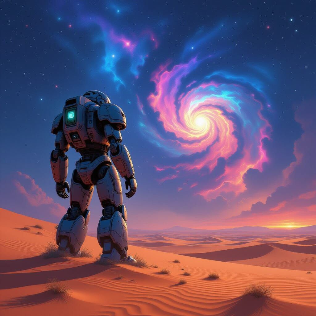 Colossal Robot in Alien Desert Gazes at Nebula