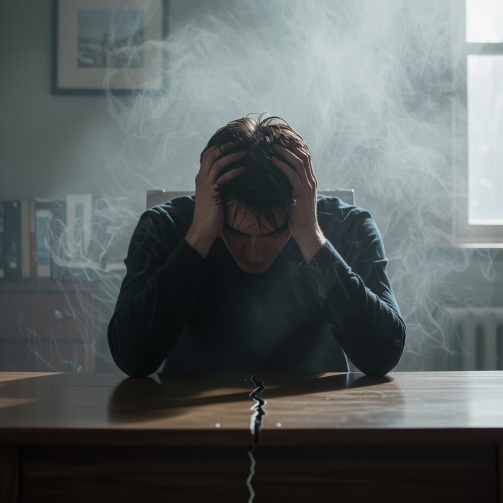 Overwhelmed Person in Shadowy Office