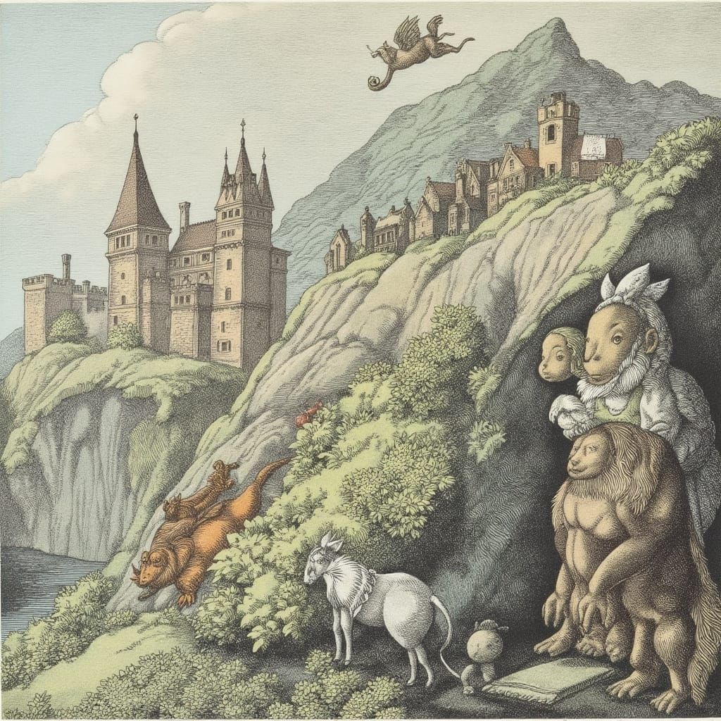 Surreal Landscape with Animals and Castles