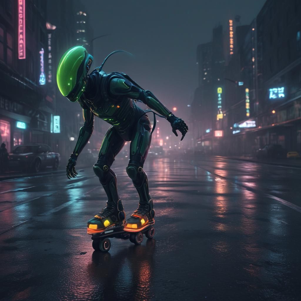 Alien Rides Motorized Skates in Neon Cityscape