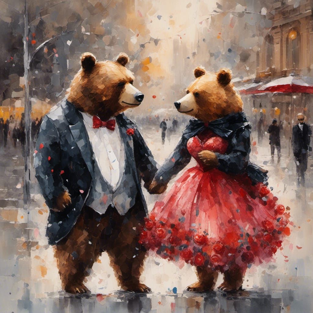Two Bears on a Date in Gouache Style