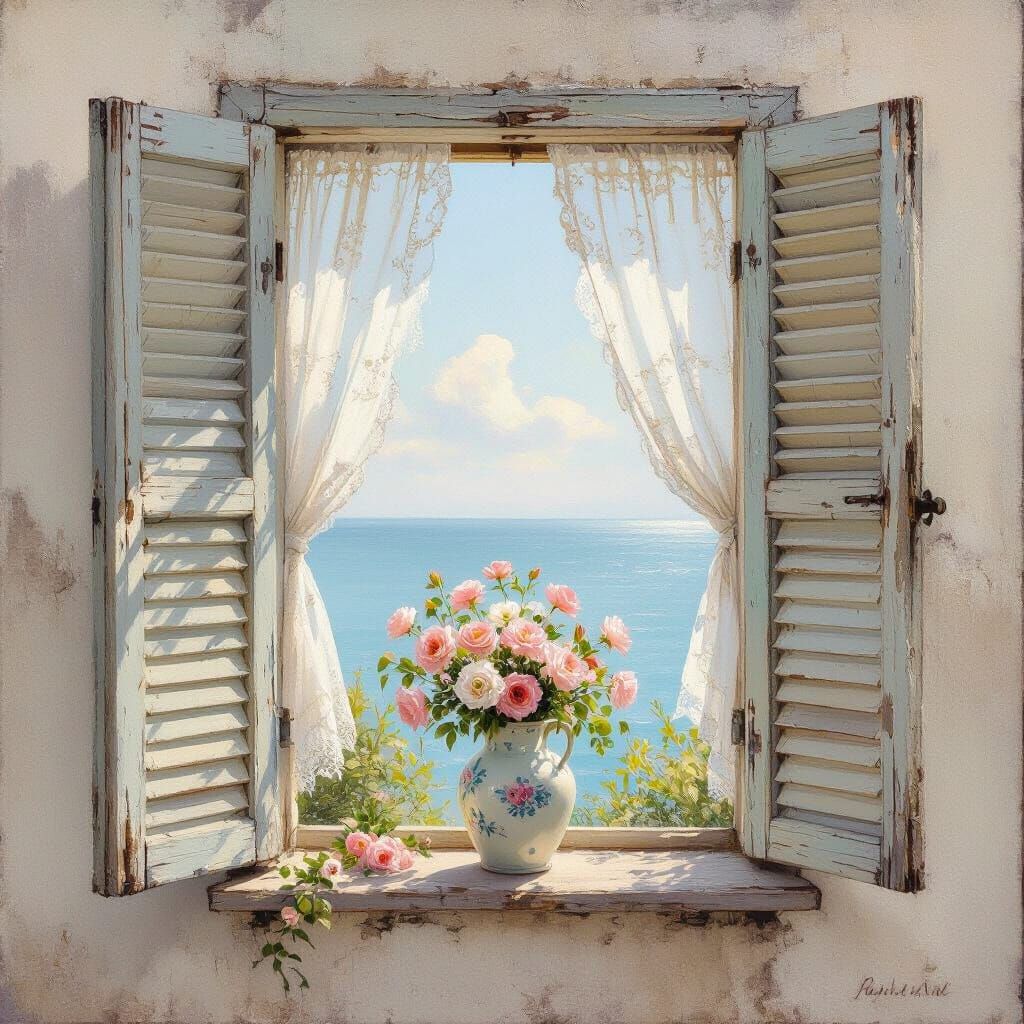 Shabby Chic Window with Flowers and Seascape Painting