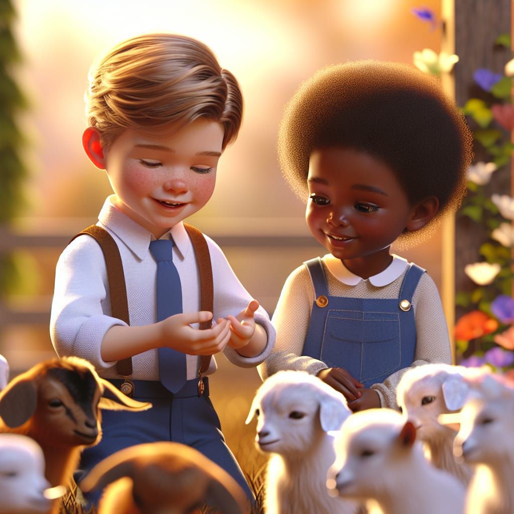 Disney Pixar style 3D adorable little girl and little boy, petting baby goats at a petting zoo