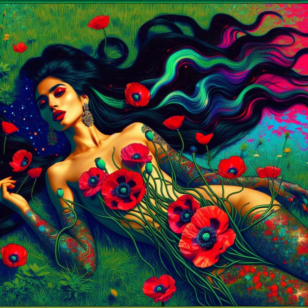 Hispanic Woman with Poppies in Dreamlike Biopunk Style