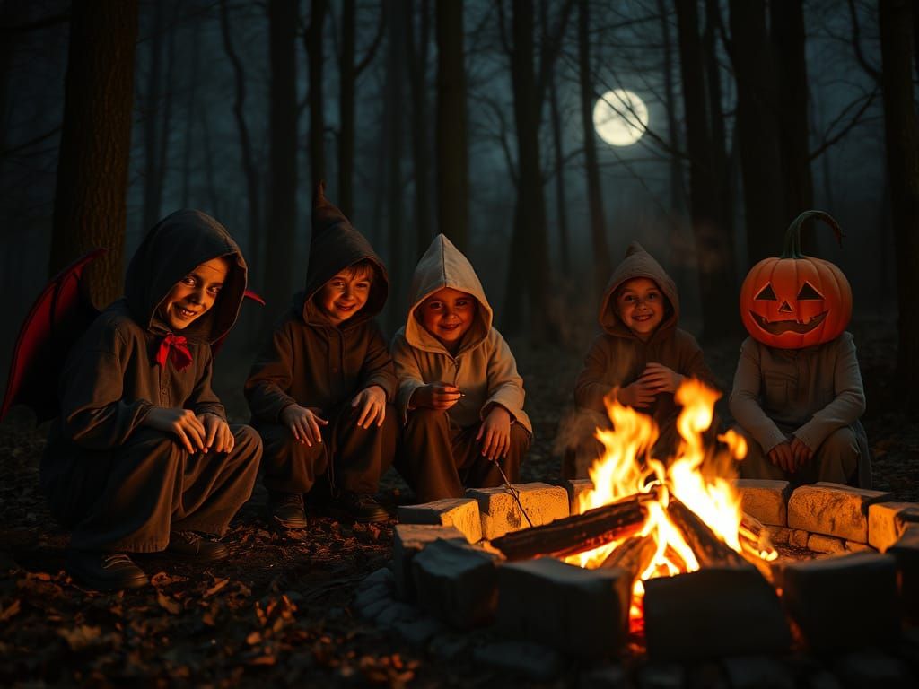 Mischievous Goblins in Halloween Costumes Around Campfire