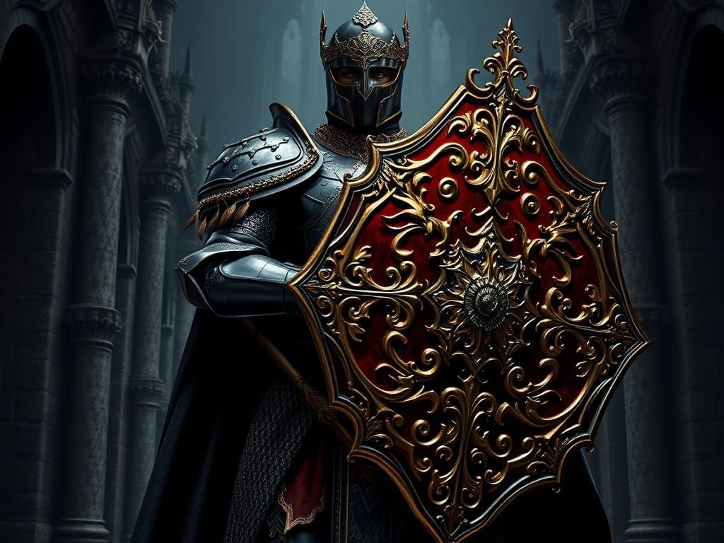Majestic King Knight in Ornate Filigree Armor, Holding a Glo...